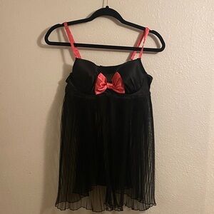 Black & Pink Satin Bow Babydoll Chemise - Women Intimates